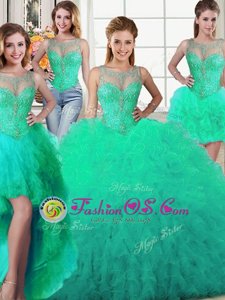 Cute Four Piece Turquoise Ball Gowns Scoop Sleeveless Tulle Floor Length Lace Up Beading and Ruffles Quinceanera Dress