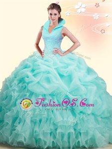 New Arrival Apple Green High-neck Backless Beading and Ruffles and Pick Ups Sweet 16 Quinceanera Dress Brush Train Sleeveless