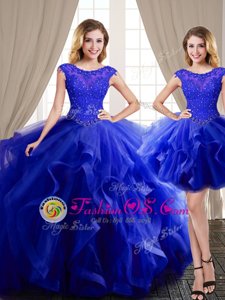 Classical Three Piece Scoop Tulle Cap Sleeves With Train Quinceanera Gowns Brush Train and Beading and Appliques and Ruffles