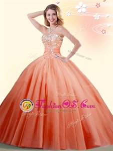 Elegant Orange Red Ball Gowns Sweetheart Sleeveless Tulle Floor Length Lace Up Beading 15th Birthday Dress