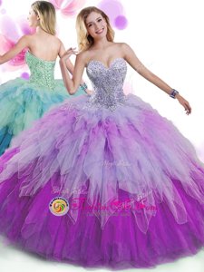 Delicate Multi-color Ball Gowns Beading and Ruffles Quinceanera Gown Lace Up Tulle Sleeveless Floor Length