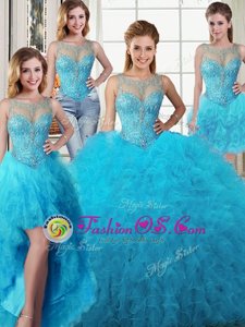 Fitting Four Piece Baby Blue Lace Up Scoop Beading and Ruffles Sweet 16 Dresses Tulle Sleeveless