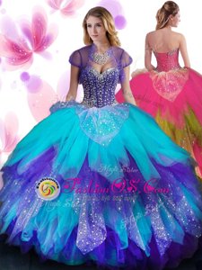 Sleeveless Floor Length Beading and Ruffled Layers Lace Up Quinceanera Gown with Multi-color
