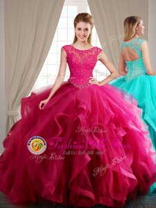 Excellent Scoop Cap Sleeves Tulle Quinceanera Gowns Beading and Appliques and Ruffles Brush Train Lace Up