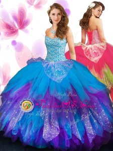 Luxury Floor Length Lace Up Sweet 16 Dresses Multi-color and In for Military Ball and Sweet 16 and Quinceanera with Beading and Ruffled Layers