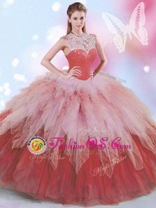 New Arrival High-neck Sleeveless Tulle Quinceanera Dresses Beading and Ruffles Zipper