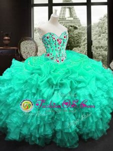 Fabulous Sweetheart Sleeveless Sweet 16 Dresses Floor Length Embroidery and Ruffles Turquoise Organza