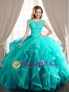 Inexpensive Turquoise Lace Up Scoop Beading and Appliques and Ruffles Sweet 16 Dresses Tulle Cap Sleeves Brush Train