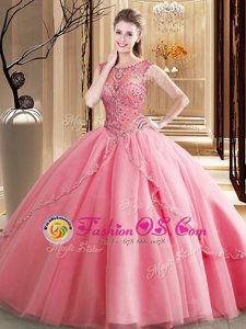 Luxury Scoop Sleeveless Tulle Brush Train Lace Up Sweet 16 Dresses in Watermelon Red for with Beading