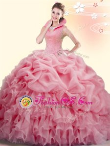 Fabulous Watermelon Red High-neck Neckline Beading and Ruffles and Pick Ups Sweet 16 Dress Sleeveless Backless