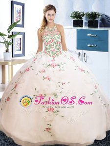 Halter Top Floor Length Ball Gowns Sleeveless White Sweet 16 Quinceanera Dress Lace Up
