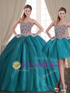 Custom Design Three Piece With Train Ball Gowns Sleeveless Teal Sweet 16 Quinceanera Dress Brush Train Lace Up