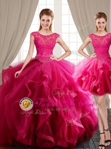 Sexy Three Piece Scoop Hot Pink Ball Gowns Beading and Appliques and Ruffles Ball Gown Prom Dress Lace Up Tulle Cap Sleeves With Train
