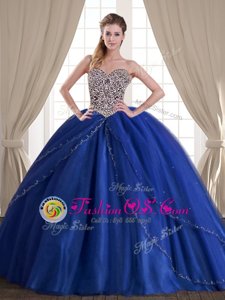 Best Selling Sleeveless With Train Beading Lace Up Sweet 16 Quinceanera Dress with Royal Blue Brush Train
