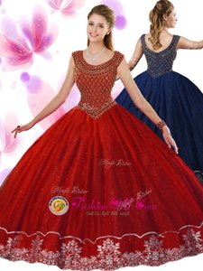Scoop Wine Red Ball Gowns Beading and Appliques 15 Quinceanera Dress Zipper Tulle Sleeveless Floor Length
