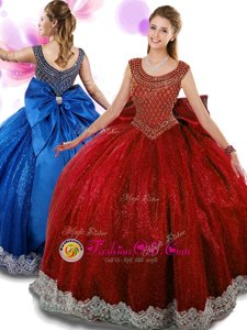 Wine Red Scoop Neckline Beading and Appliques and Bowknot Quinceanera Gowns Sleeveless Zipper