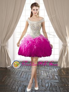 Off the Shoulder Fuchsia Sleeveless Organza Backless Celeb Inspired Gowns for Prom and Party