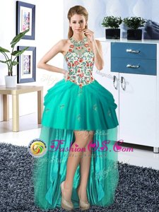 Beautiful Tulle Halter Top Sleeveless Lace Up Embroidery and Pick Ups Homecoming Dress in Turquoise