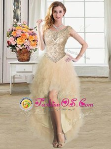 Champagne Ball Gowns Scoop Sleeveless Tulle High Low Lace Up Ruffles Prom Party Dress
