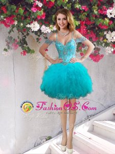 Off the Shoulder Teal Sleeveless Beading and Ruffles Mini Length Prom Party Dress
