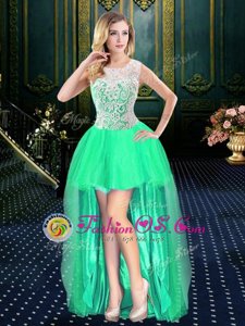 Traditional Turquoise A-line Organza Scoop Sleeveless Beading High Low Clasp Handle