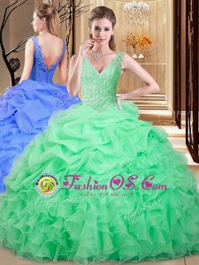 Modest Sleeveless Floor Length Lace and Appliques and Pick Ups Backless Quinceanera Gowns with Apple Green
