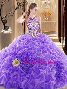 High Quality Sleeveless Embroidery and Ruffles Backless 15th Birthday Dress with Lavender Brush Train