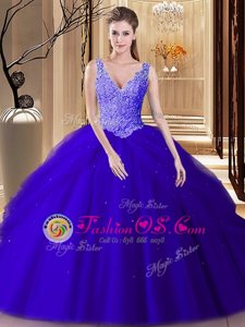 Wonderful Royal Blue Backless V-neck Lace and Appliques and Pick Ups Quinceanera Gown Tulle Sleeveless