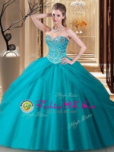 New Style Teal Sleeveless Tulle Lace Up Quinceanera Dress for Military Ball and Sweet 16 and Quinceanera