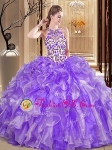 Scoop Sleeveless Organza Ball Gown Prom Dress Embroidery and Ruffles Backless