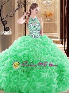 Backless 15 Quinceanera Dress Organza Brush Train Sleeveless Embroidery and Ruffles