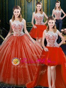 Dazzling Four Piece Orange Red High-neck Neckline Beading and Lace Quince Ball Gowns Sleeveless Zipper