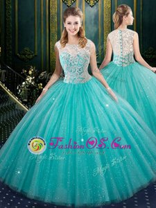 Fabulous Aqua Blue Zipper Quince Ball Gowns Lace Sleeveless Floor Length