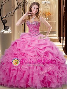 Amazing Floor Length Lace Up Quinceanera Gowns Rose Pink and In for Military Ball and Sweet 16 and Quinceanera with Beading and Ruffles and Pick Ups