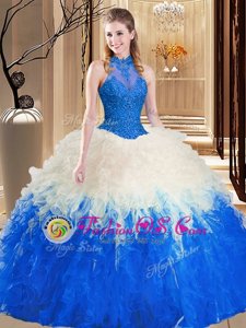 Comfortable Blue And White Quince Ball Gowns Military Ball and Sweet 16 and Quinceanera and For with Lace and Appliques and Ruffles High-neck Sleeveless Backless