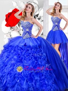 Three Piece Floor Length Blue 15th Birthday Dress Sweetheart Sleeveless Lace Up