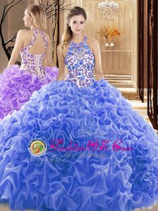 Captivating Sleeveless Court Train Backless Embroidery and Ruffles Sweet 16 Quinceanera Dress