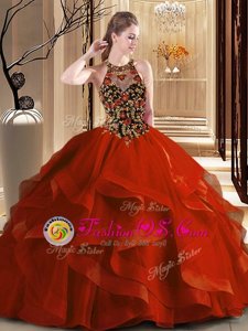 Admirable Scoop Backless Rust Red Quinceanera Gown Tulle Brush Train Sleeveless Embroidery and Ruffles