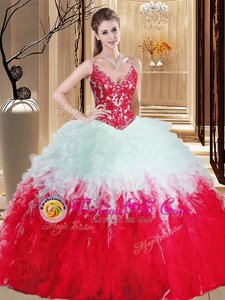 Luxury White And Red Straps Neckline Appliques and Ruffles Quinceanera Dress Sleeveless Lace Up
