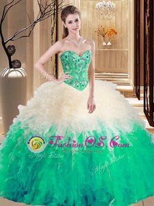 Four Piece Sleeveless Tulle Floor Length Brush Train Zipper Sweet 16 Dress in Baby Blue for with Lace