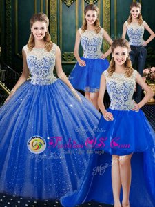 Fashionable Four Piece Royal Blue Tulle Zipper Vestidos de Quinceanera Sleeveless Floor Length Brush Train Lace