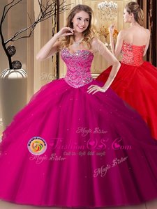 Best Fuchsia Tulle Lace Up Sweetheart Sleeveless Floor Length Ball Gown Prom Dress Beading