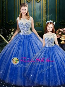 Affordable Royal Blue Sleeveless Floor Length Lace Zipper Ball Gown Prom Dress