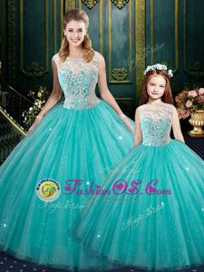 Custom Made Turquoise Tulle Zipper High-neck Sleeveless Floor Length Quinceanera Dress Lace