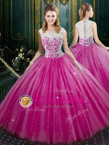 Floor Length Zipper 15th Birthday Dress Fuchsia and In for Military Ball and Sweet 16 and Quinceanera with Lace