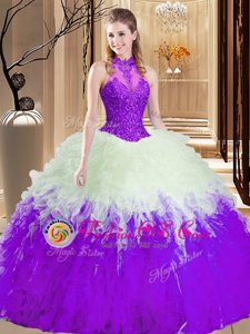 Customized White And Purple High-neck Neckline Lace and Appliques and Ruffles Quinceanera Gown Sleeveless Lace Up