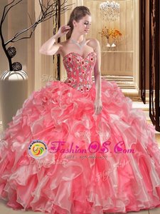 Watermelon Red Lace Up Sweetheart Embroidery and Ruffles 15th Birthday Dress Organza Sleeveless