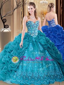 Customized Floor Length Lace Up Sweet 16 Dress Teal and In for Prom and Military Ball and Sweet 16 and Quinceanera with Embroidery and Pick Ups