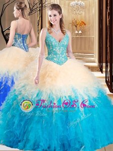 V-neck Sleeveless Lace Up Quinceanera Gowns Multi-color Tulle