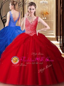 Fabulous Pick Ups V-neck Sleeveless Backless Vestidos de Quinceanera Red Tulle